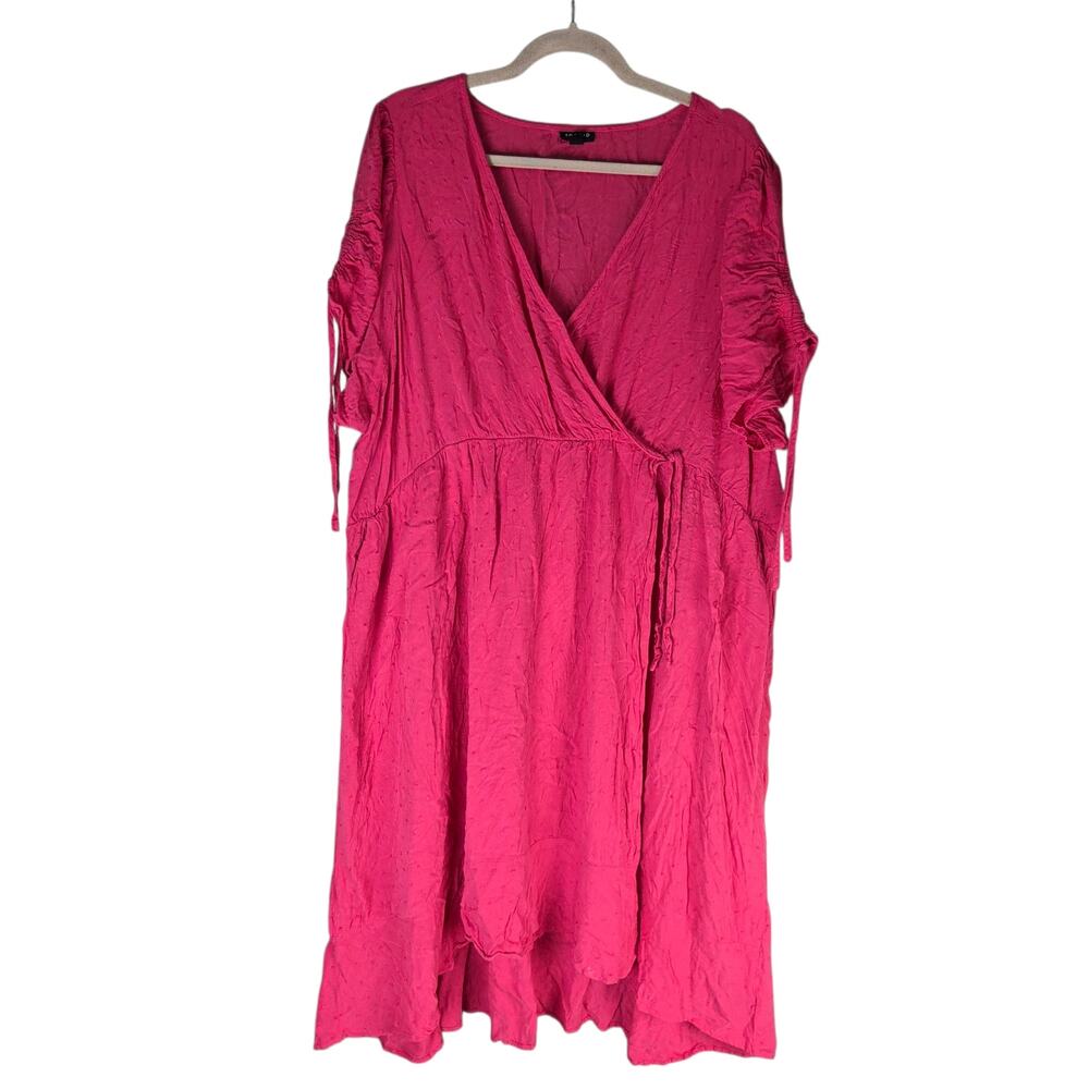 Torrid Womens Midi Swiss Linen Surplice Short Sleeve Dress Size 4 Pink Pockets